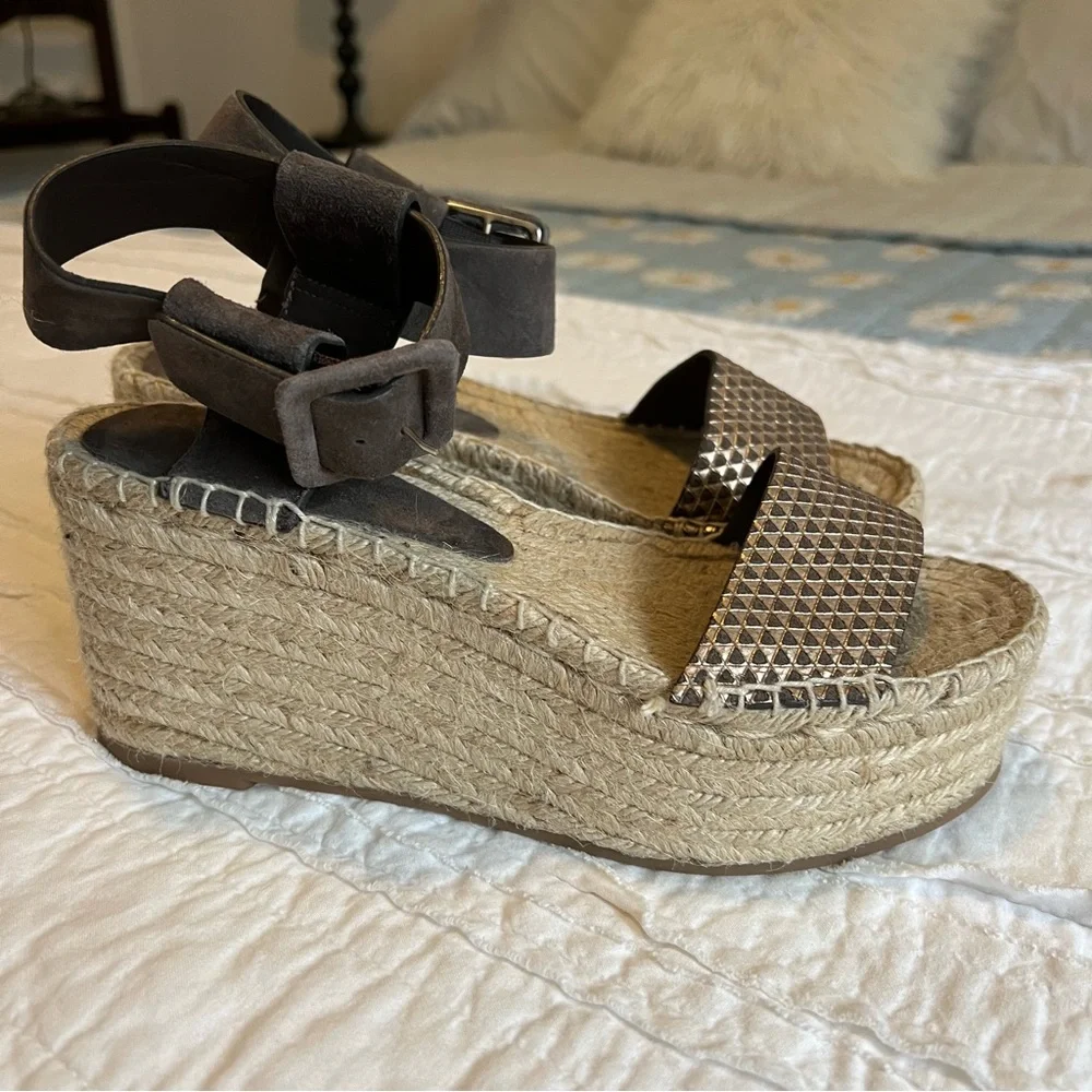 Vince Gray Leather Espadrille Wedge Sandals Size 6